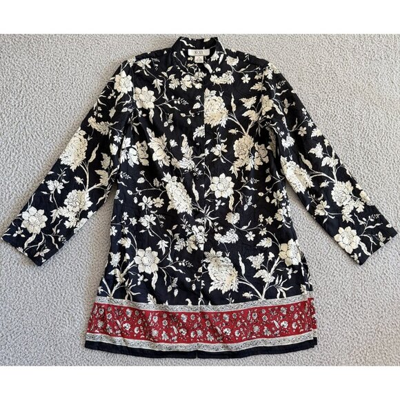 Artsy Silk Knot Button Black White Floral Tunic Boho Pocket Mandarin - Picture 1 of 10
